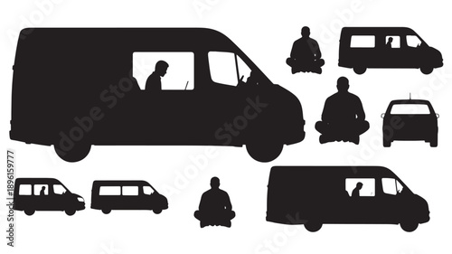 Collection of various vehicle silhouettes and people in different poses on a plain background from multiple viewpoints