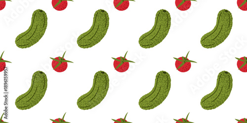 Seamless pattern with fresh cucumber and tomato elements arranged in a repeating layout. Spring food illustration for packaging.
