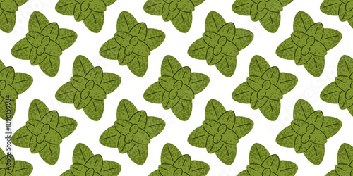 Seamless repeating pattern with fresh mint leaves arranged in a rhythmic layout. Perfect for food packaging, tea branding, kitchen textiles, wallpapers and spring herb themed design.