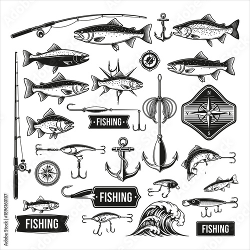 Vintage Fishing Icon Set