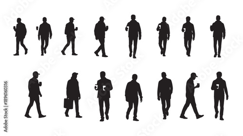 Collection of business professionals walking in various poses and directions, showcasing diverse activities and attire, from office settings to commuting scenarios.