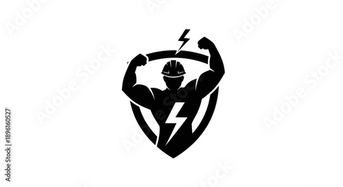 Strong man with lightning bolt and shield logo