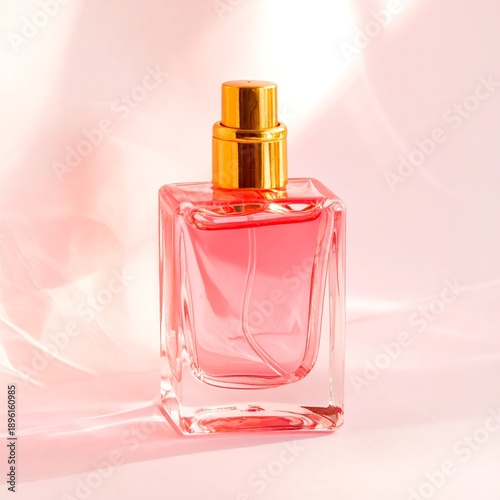 Pink perfume bottle on a soft pink background