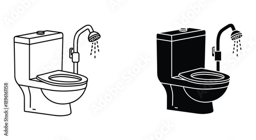 Modern Toilets with Bidets, Hygiene and Sanitation Concept, Black and White Illustration