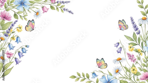 Watercolor spring flowers and butterflies border, soft pastel colors, perfect for invitations