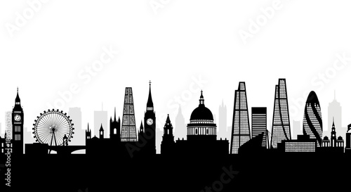 London city skyline with iconic landmarks in black silhouette