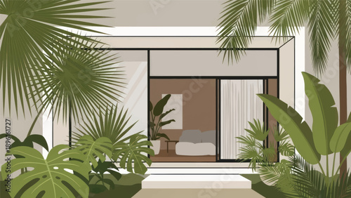 Modern tropical residence with a lush entryway and abundant greenery around a stylish front porch.