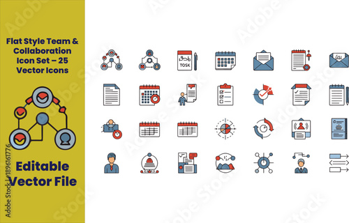 Flat Style Office Productivity Icon Set – 25 Vector Icons