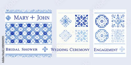 Blue and white tile patterns with wedding event text overlays