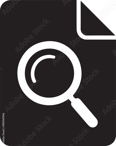 Document with magnifying glass icon in black silhouette style, emphasizing research, analysis, and scrutiny of textual or visual information at a glance.