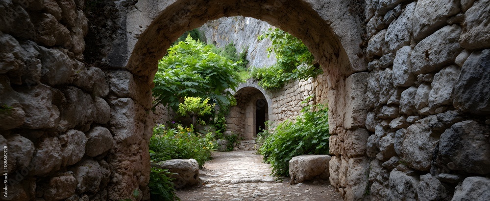 Fototapeta premium the narrow stone archway opening to a historic corridor or old tunnel