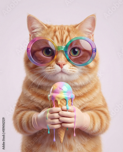surreal portrait of a cat wearing oversized sunglasses,
holding a melting ice cream