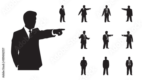 A business executive points forward, surrounded by silhouettes of people in various poses, in a professional setting, from a front view.