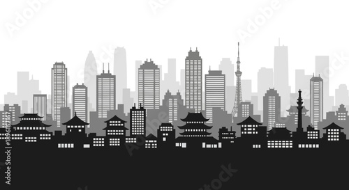 Vibrant cityscape with modern skyscrapers and traditional architecture