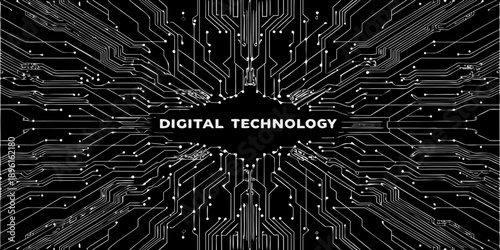 Symmetrical circuit board pattern with digital technology text overlay