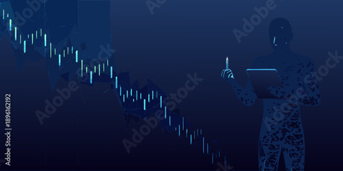 A digital representation of a person analyzing a declining stock market graph