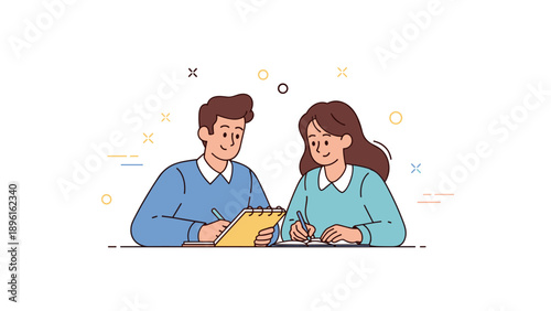 Young caucasian male and female studying together with books and notes