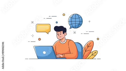 Animated young male working on laptop with global elements and chat bubble