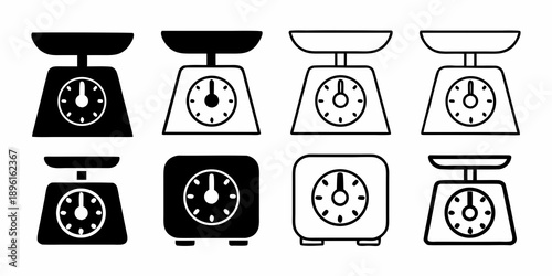Four variations of vintage kitchen scales shown as black and white icons