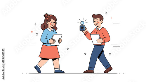 Animated characters of young caucasian female and male exchanging ideas