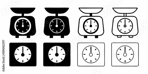 Four variations of vintage bathroom scales in black and white