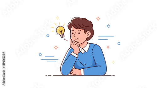Pensive young caucasian male contemplating ideas with light bulb illustration