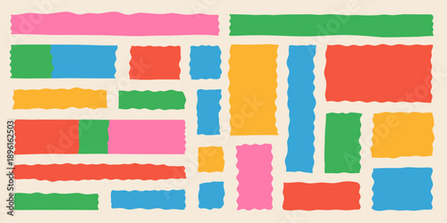 Colorful torn paper pieces arranged on a light beige background