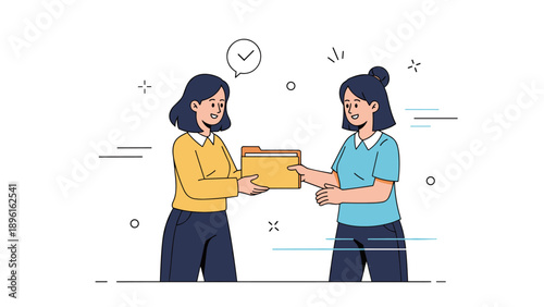 Two asian female adults sharing folder in animated style