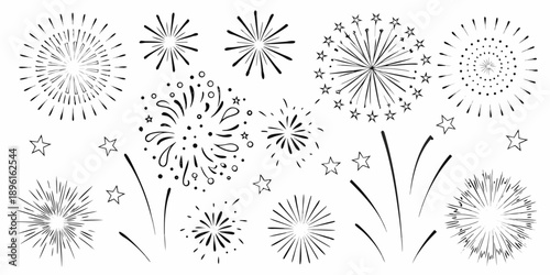 Detailed sketch of various firework bursts and sparkling stars