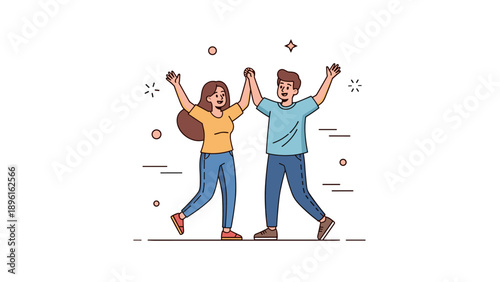 Joyful young couple celebrating together in casual outfits on white background