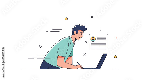 Young caucasian male working on laptop with messaging bubble in minimalist illustration