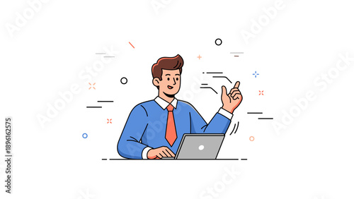 Smiling cartoon male using laptop with gesture of inspiration