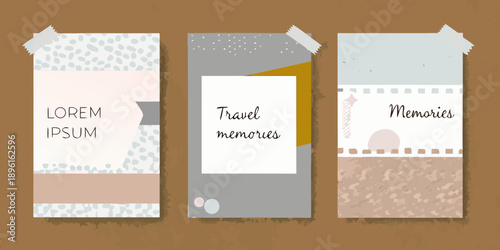 Three rectangular paper strips with text and decorative elements attached to a brown background