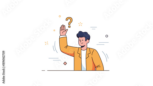 Illustration of a young caucasian male raising hand with question mark