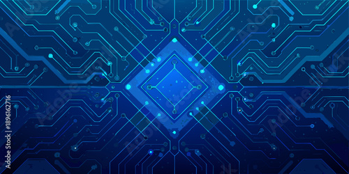 Abstract blue circuit board pattern with a central diamond focal point
