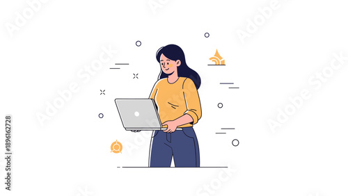Young asian female using laptop in minimalist cartoon style with icons