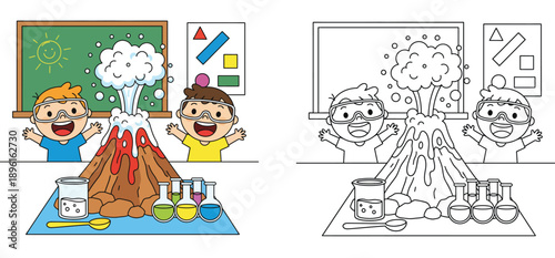 Kids Science Experiment Volcano Eruption Coloring Page for Children with Colored Version and Black and White Line Art Illustration, Educational School Project with Happy Students in Lab