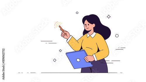 Illustrated asian female using tablet with stylus in casual outfit