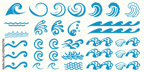 Collection of stylized blue wave and swirl illustrations on white background