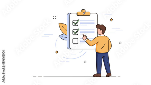 Young caucasian male reviewing checklist on large clipboard illustration