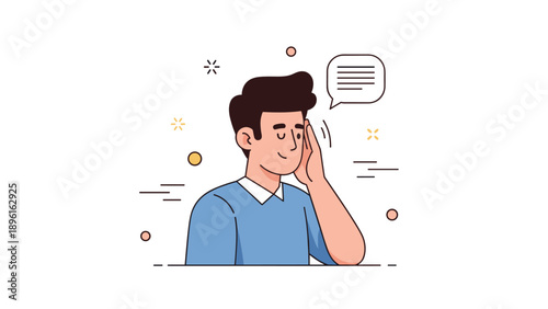 Young caucasian male whispering with speech bubble in minimalist illustration