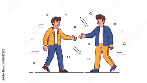 Two young caucasian cartoon males shaking hands in business attire