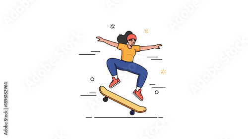 Young hispanic female skateboarder performing a trick in vibrant cartoon style