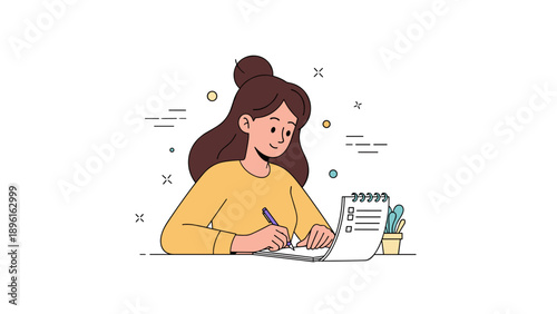 Young caucasian female character writing in notebook with desk accessories