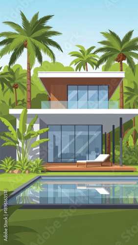 Contemporary luxury villa with glass facade and poolside oasis.