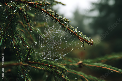 a delicate spider web with dew drops hanging branch