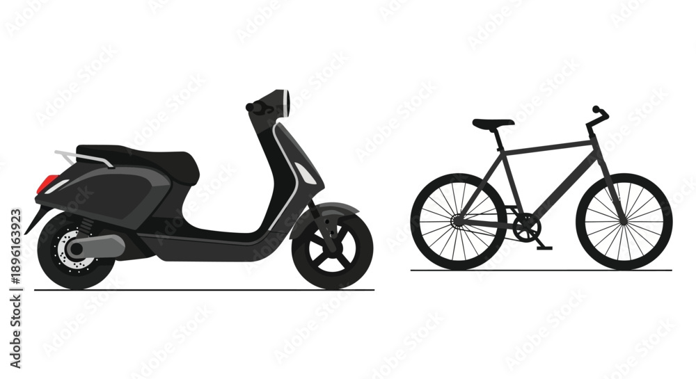 Fototapeta premium a scooter and a bicycle side by side on a white background
