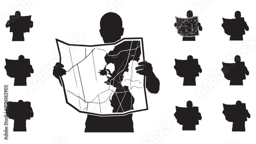 A person holding a map with various puzzle pieces surrounding them, symbolizing navigation and problem-solving in a complex environment from a straightforward viewpoint.