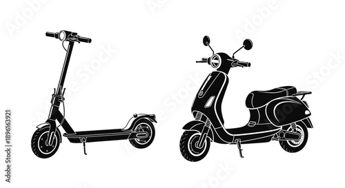 Black and white illustration of a scooter and an electric kick scooter