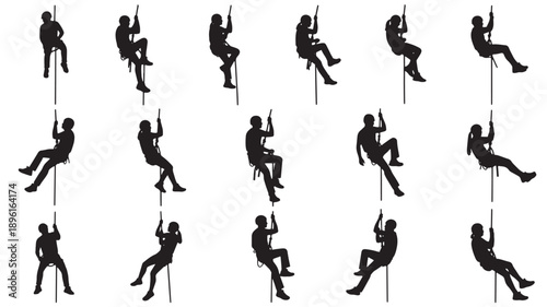Silhouetted figures climbing ropes in various poses on a white background from different viewpoints showcasing strength and agility in a dynamic scene
